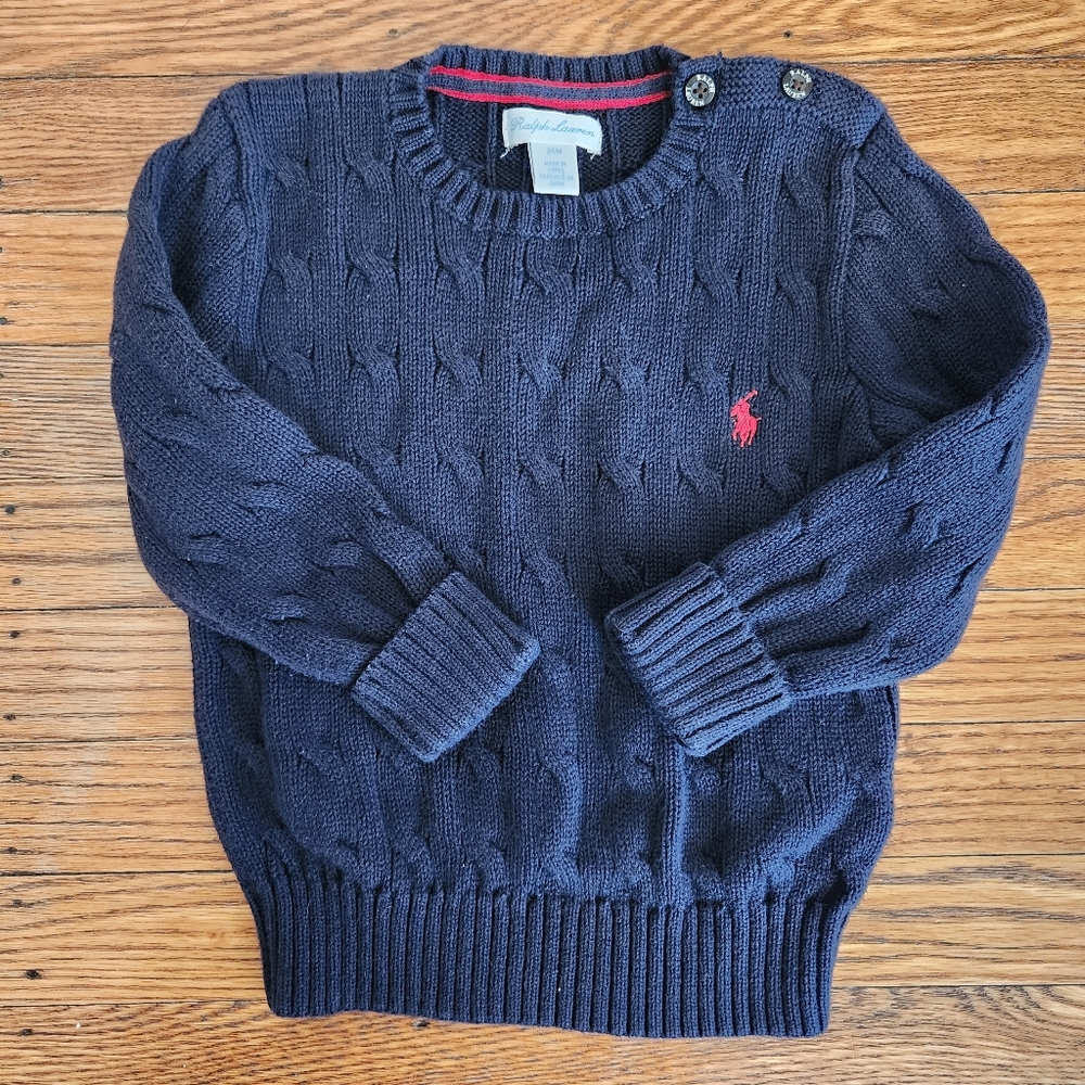 VGUC Ralph Lauren Baby Boy Cable-Knit Cotton Navy Sweater 24M